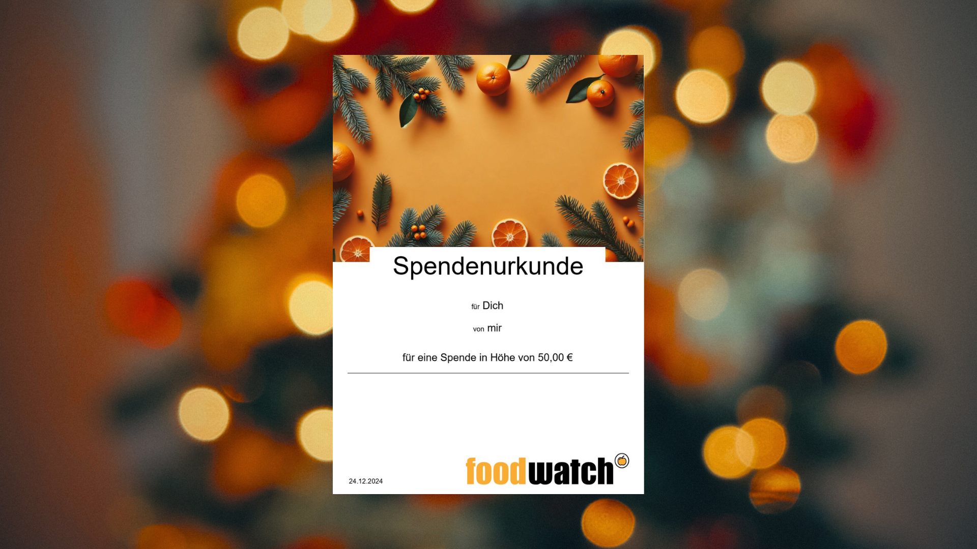 Mockup einer Spendenurkunde auf weihnachtlichem Hintergrund