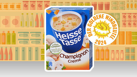 Die Heisse Tasse Champigon Creme Tütensuppe, Kandidat für den Goldenen Windbeutel, auf Comic-Supermarkt-Hintergrund