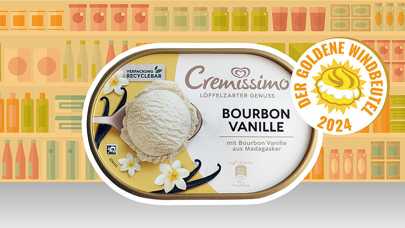 Lagnese Cremissimo Bourbon Vanille Eis von Unilever, vor Comic-Supermarkt-Hintergrund.