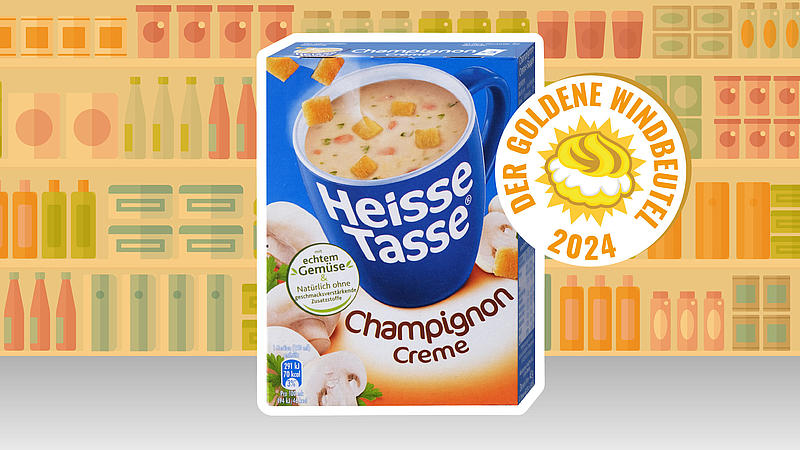 Die Heisse Tasse Champigon Creme Tütensuppe, Kandidat für den Goldenen Windbeutel, auf Comic-Supermarkt-Hintergrund
